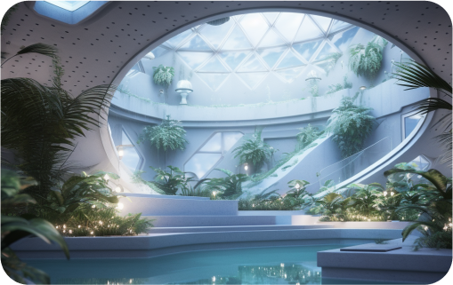 Espaço iluminado pelo sol com design futurista composto por piscina e plantas